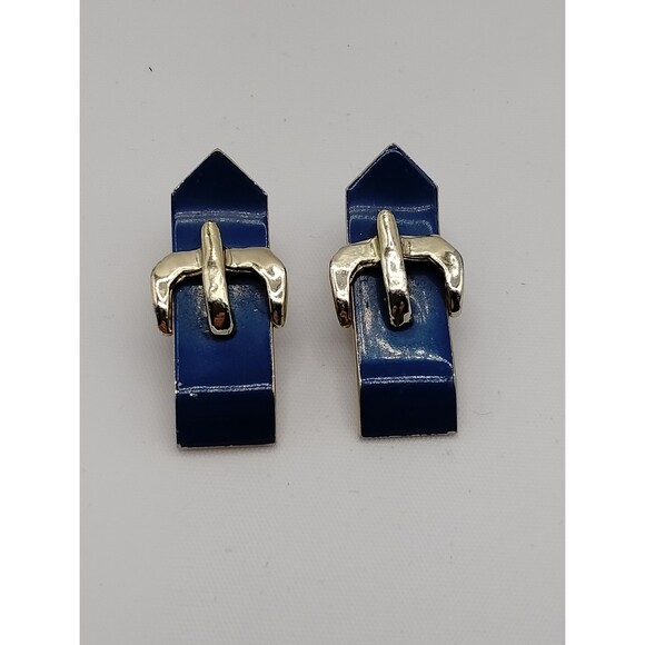 Super Cute Retro 1980's Belt Buckles Enameled Blue on Gold Tone Clip On Earrings - Picture 1 of 5